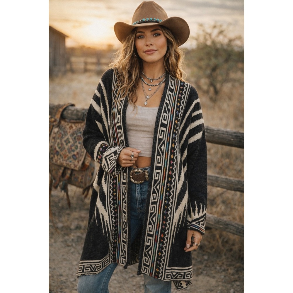 GeeGee Women's S/M Sweater Cardigan Open Front Gray Aztez Western Boho-chic